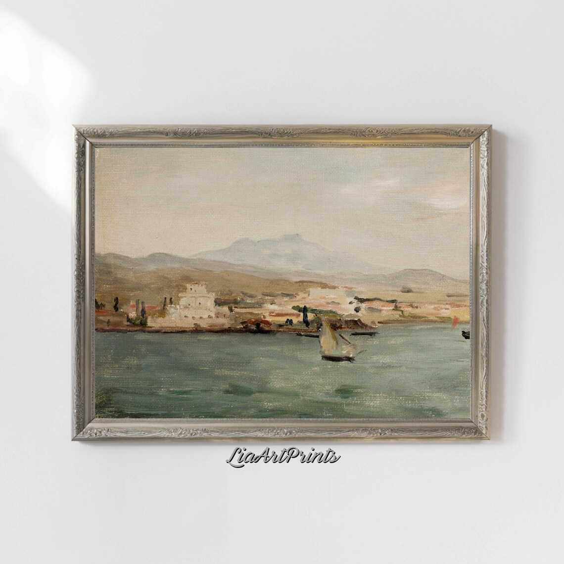 Serene Coastal Harbor Sailboat and Seaside Town Muted Vintage Poster - Image 4