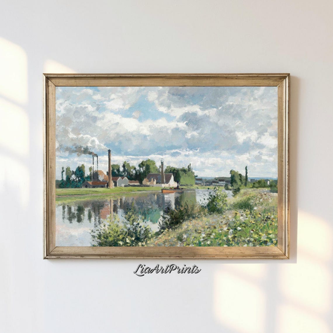 Riverside Factories Reflected Water Impressionist Landscape Poster