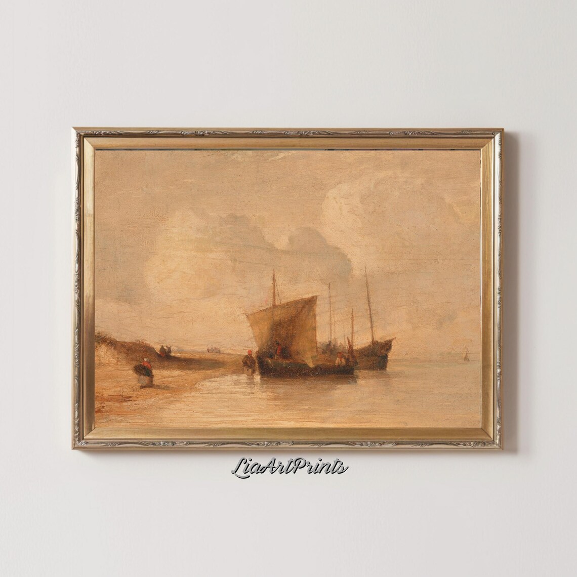 Golden Coastal Scene Beached Sailboat with Figures Warm Vintage Poster - Image 2