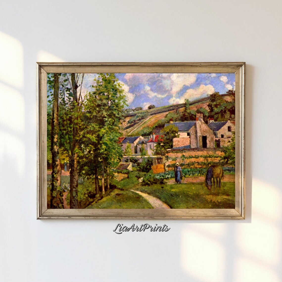 Charming Impressionist Village Farmhouses Grazing Horse Scene Poster
