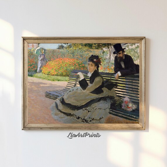 Impressionist Couple on Park Bench Garden Conversation Vintage Poster