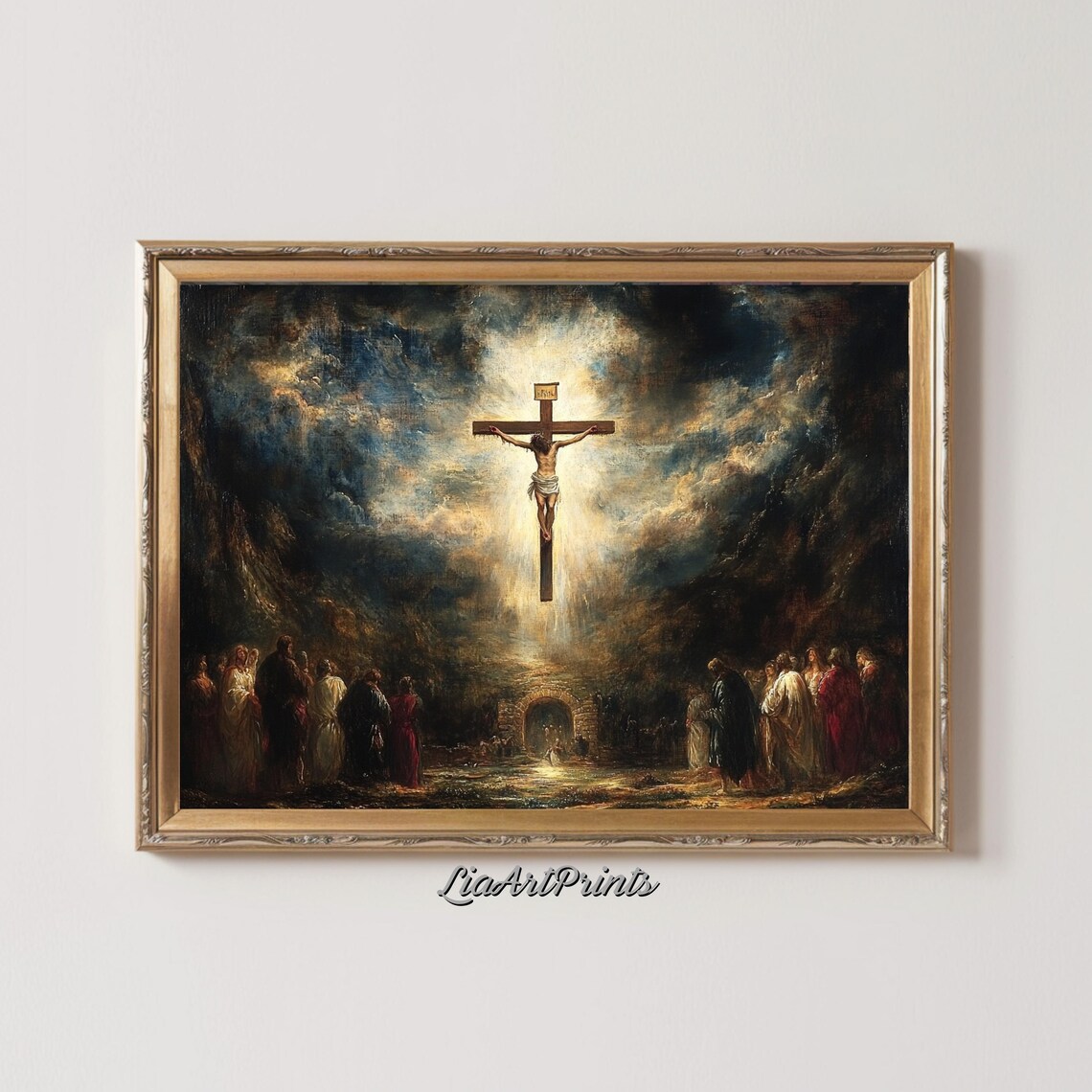 The Crucifixion Dramatic Cross Divine Light Mourners Religious Art Poster - Image 2