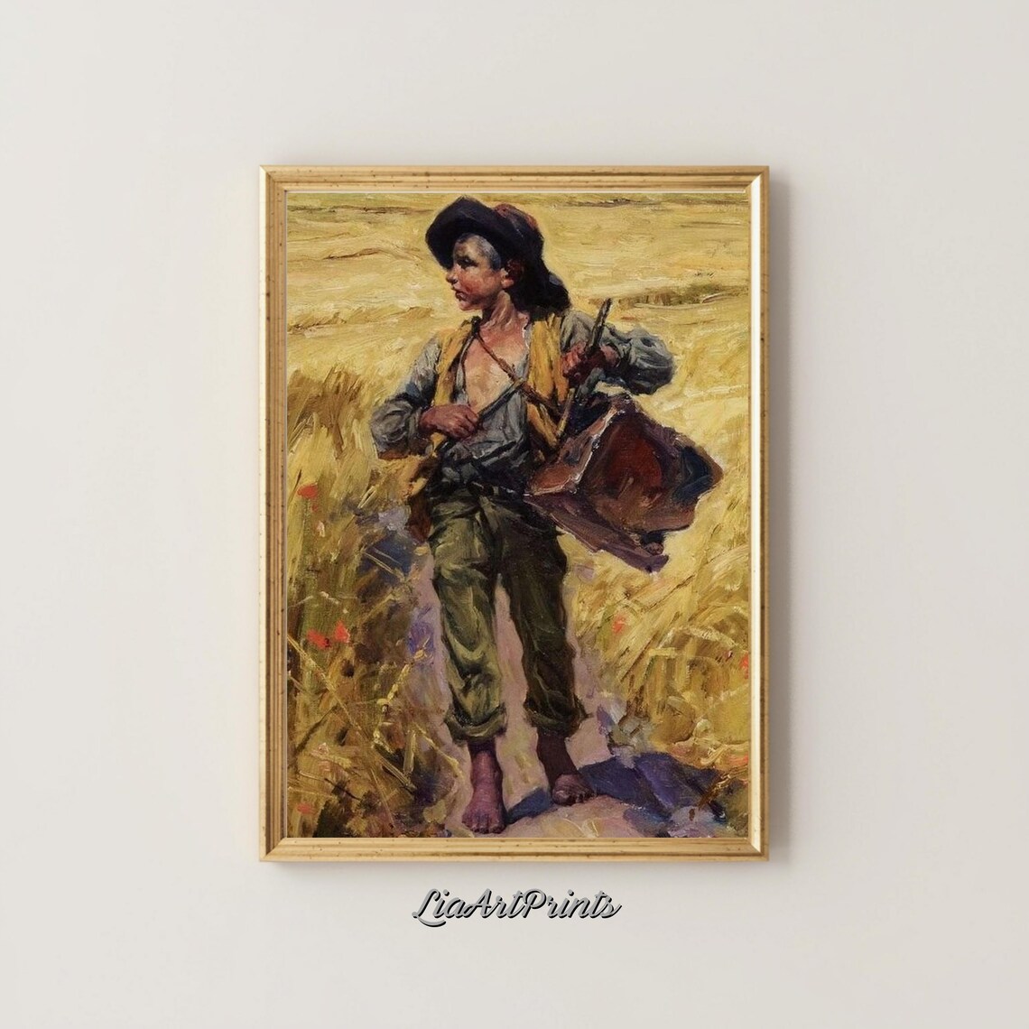 Rustic Farm Boy Carrying a Basket Through a Wheat Field Vintage Print - Image 2