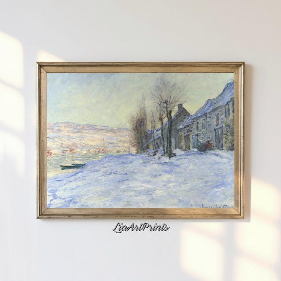 Monet Inspired Winter Village Scene Impressionist Snow Landscape Serene Wall Art Cozy Winter Decor