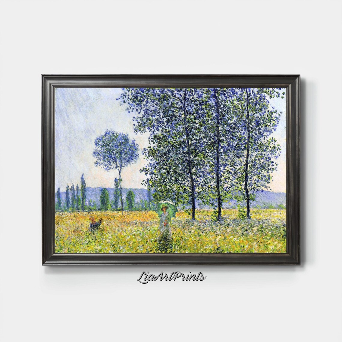 Woman with Green Parasol Among Poplars in a Sunlit Golden Meadow Poster - Image 3