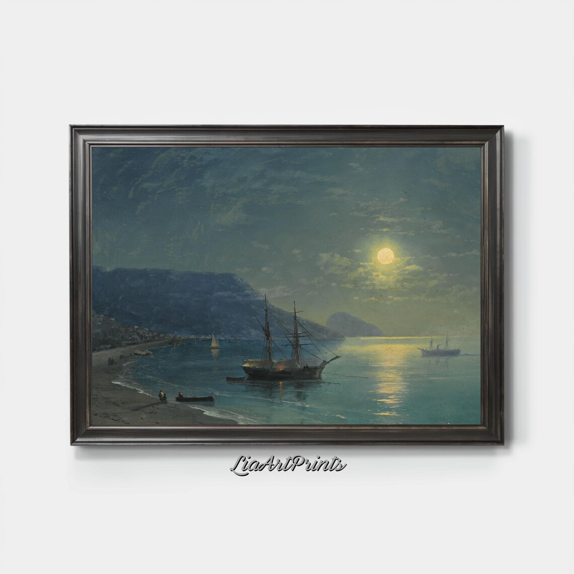 Moonlit Nautical Scene, Vintage Ship Under Moonlight - Image 4