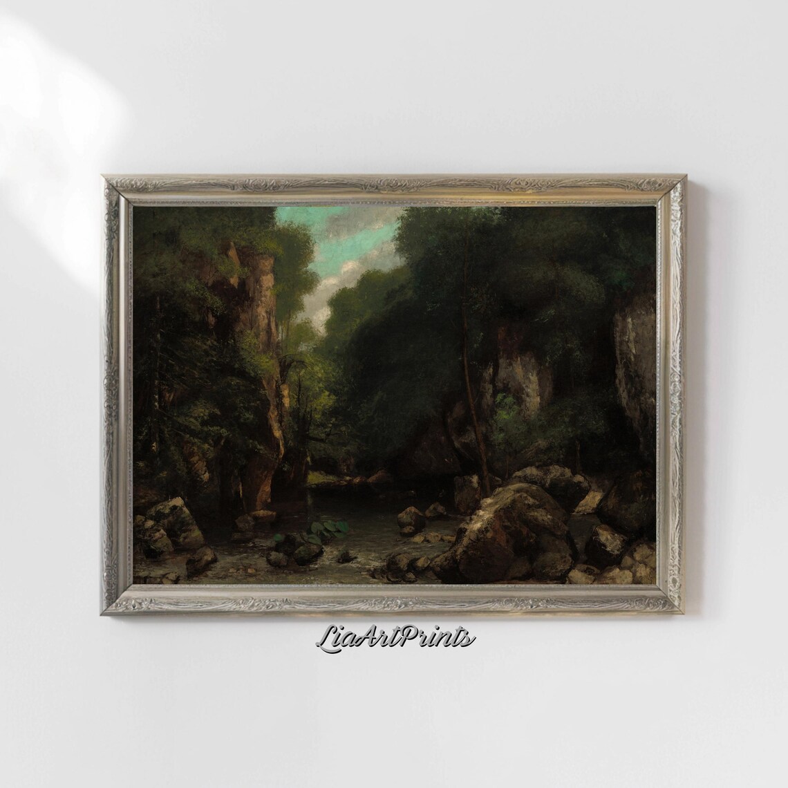 Dark Forest Gorge Rocky Stream Antique Muted Woodland Painting Poster - Image 4