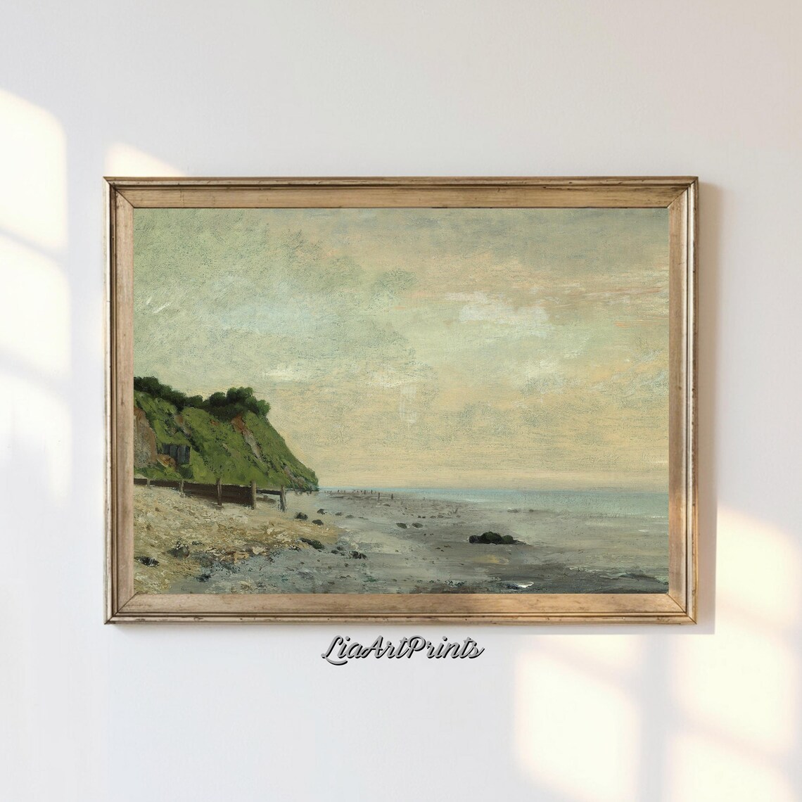 Misty Beach Grassy Cliffs Foggy Shore Antique Seascape Painting Poster