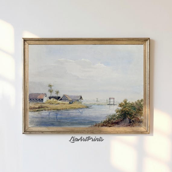 Tranquil Rural Watercolor Scene Vintage Pastoral Landscape Rustic Farmhouse Wall Art Serene Country Lake Decor
