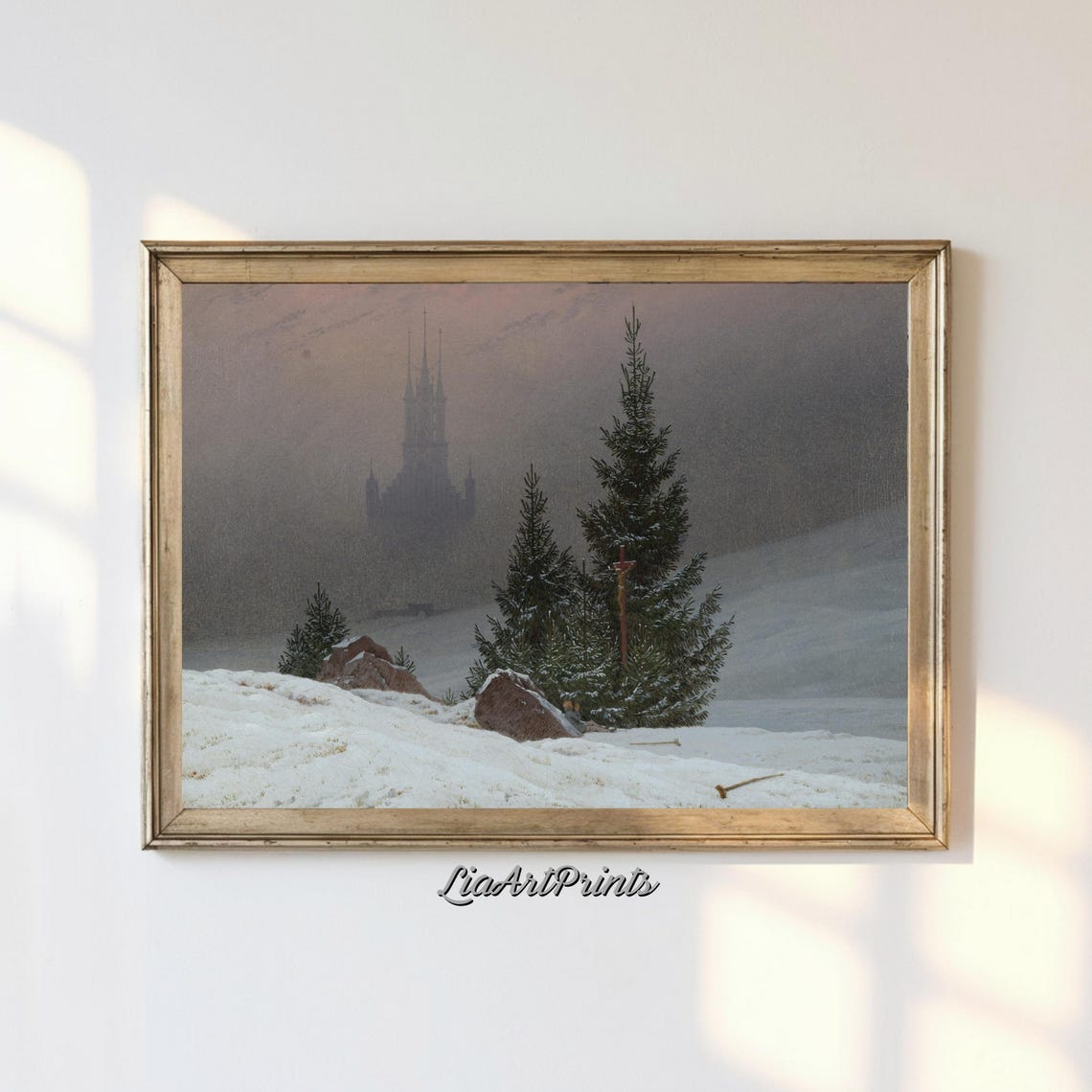 Romantic Winter Cathedral in the Mist with Snow Covered Pines Poster