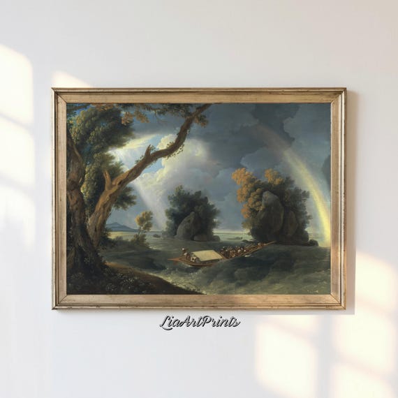 Vintage Rainbow Landscape Art Print Rustic Nature Wall Decor Framed Countryside Artwork Stormy Sky Scene Artwork