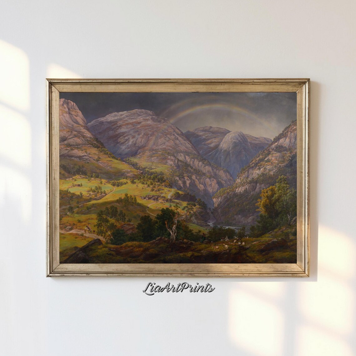 Mountain Valley Landscape Wall Art Scenic Rainbow Over Rolling Hills Nature Artwork For Home Decor