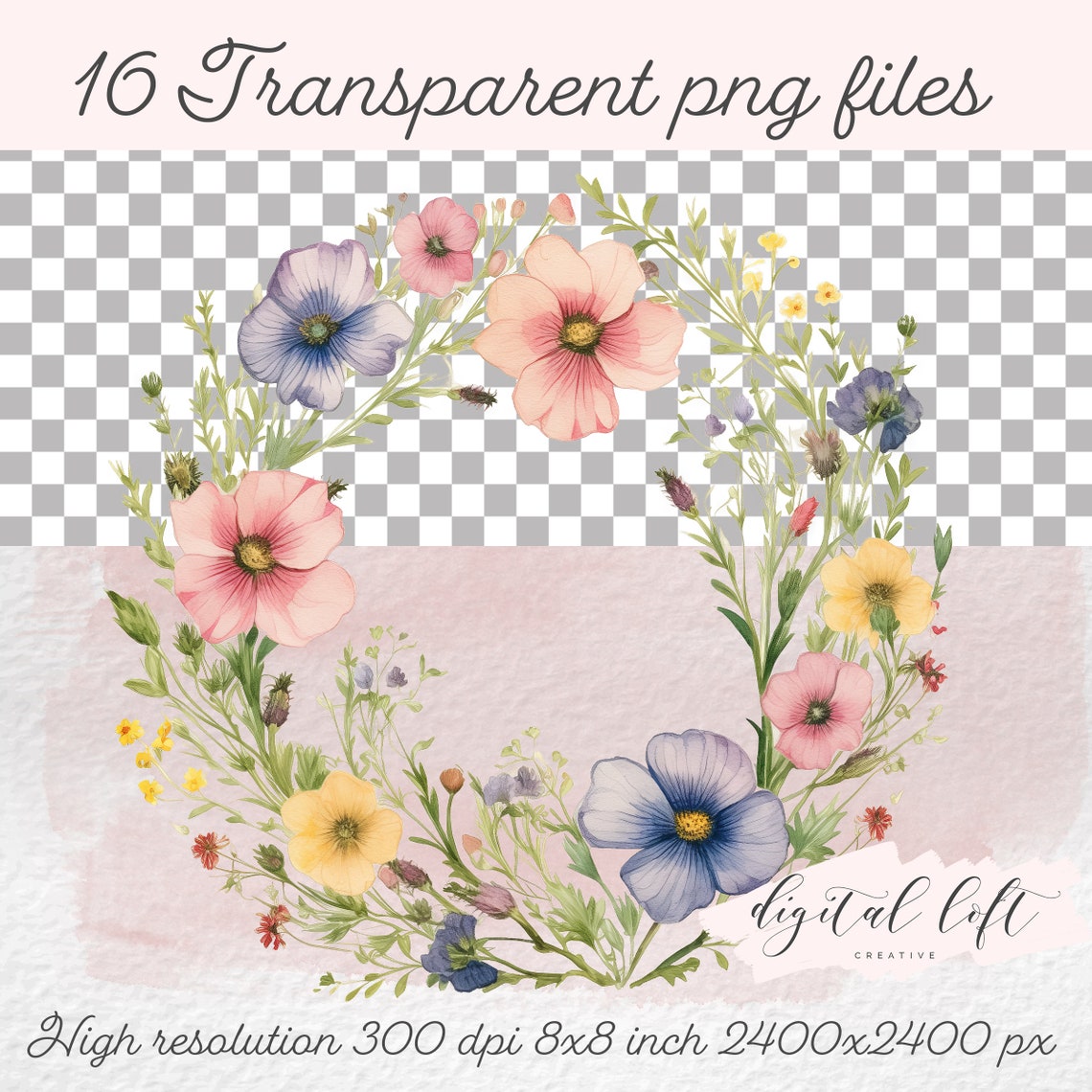 Wildflower Wreath Watercolor Set Botanical Circular Wall Art - Image 2