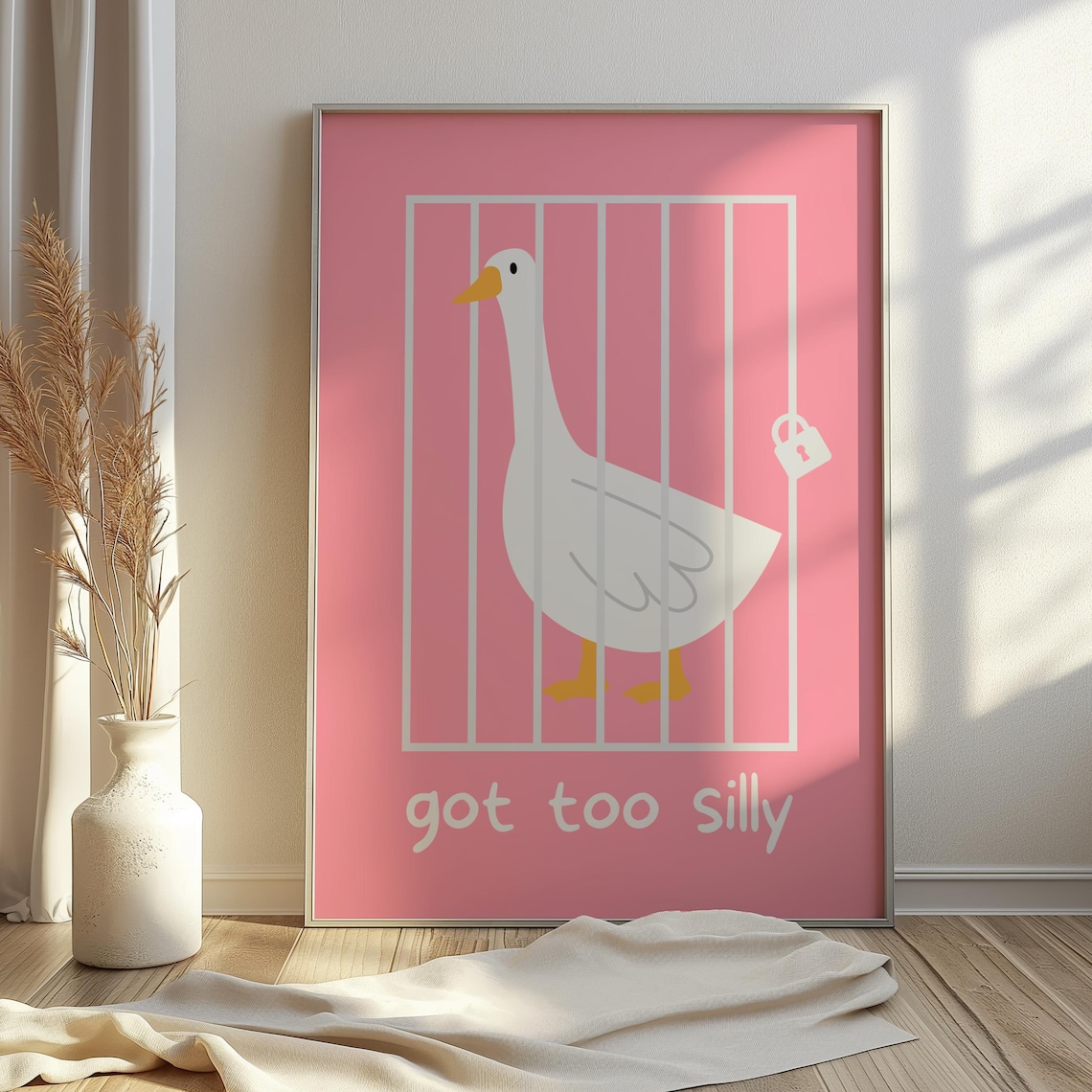 Silly Goose Got Too Silly Jail Funny Pink Nursery Animal Art Poster