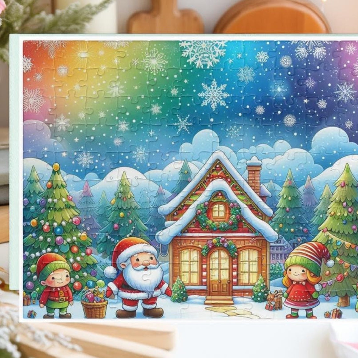Christmas Jigsaw Puzzle Santa Snowy Cottage Rainbow Sky Festive Poster