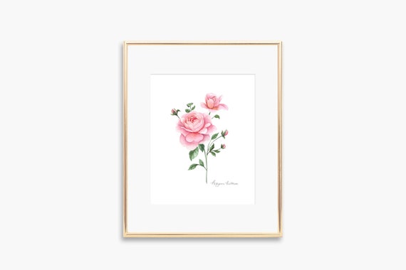 Pink Rose Watercolor Art Print, Floral Decor