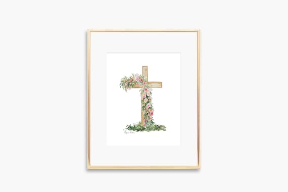 Delicate Floral Cross Watercolor Pink Roses Christian Faith Poster