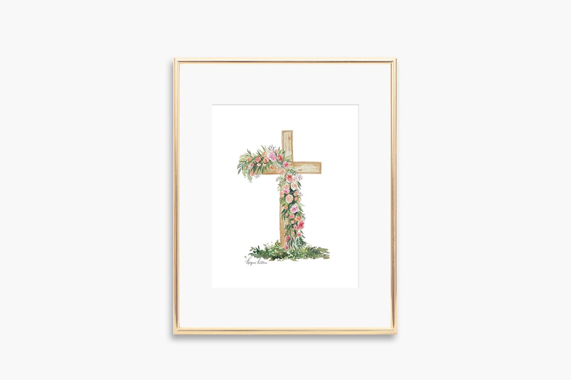 Delicate Floral Cross Watercolor Pink Roses Christian Faith Poster