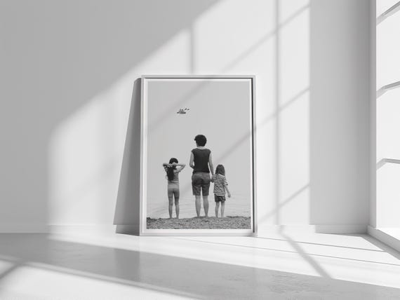 Artistic Poster Black And White Mother And Children Near A Lake