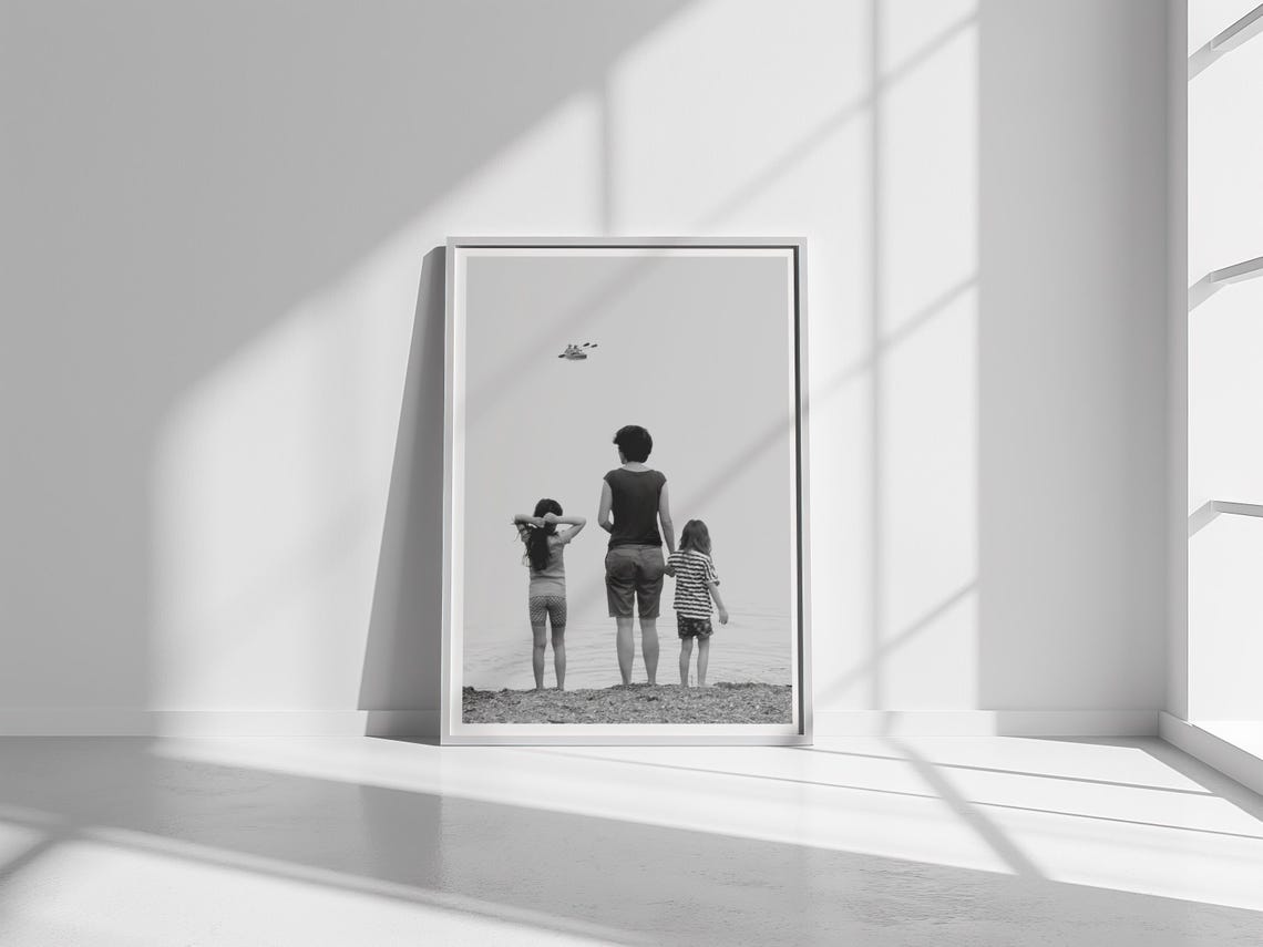 Artistic Poster Black And White Mother And Children Near A Lake
