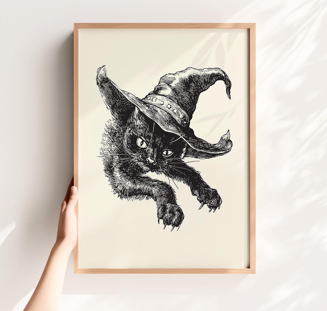Vintage Witch Cat Print Halloween Witchy Black Art Gothic Decor