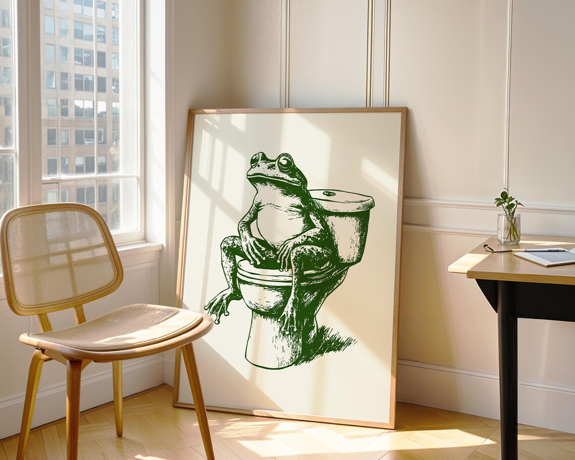 Frog Sitting On Toilet Green Vintage Engraving Funny Bathroom Wall Poster