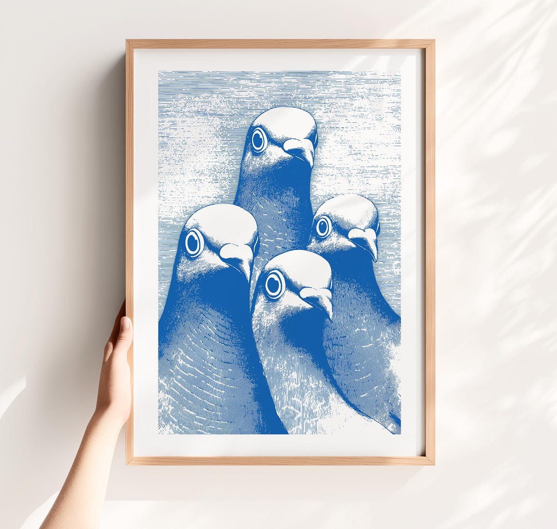 Blue Pigeon Close Up Quirky Minimalist Bird Illustration Poster