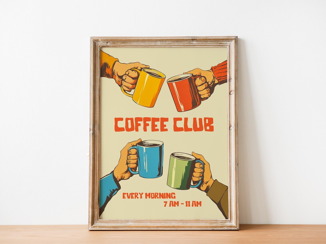 Coffee Club Retro Morning Toast Mugs Mid Century Cafe Kitchen Poster