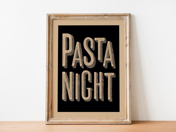 Pasta Night Beige Typography On Black Retro Kitchen Wall Decor Art Poster