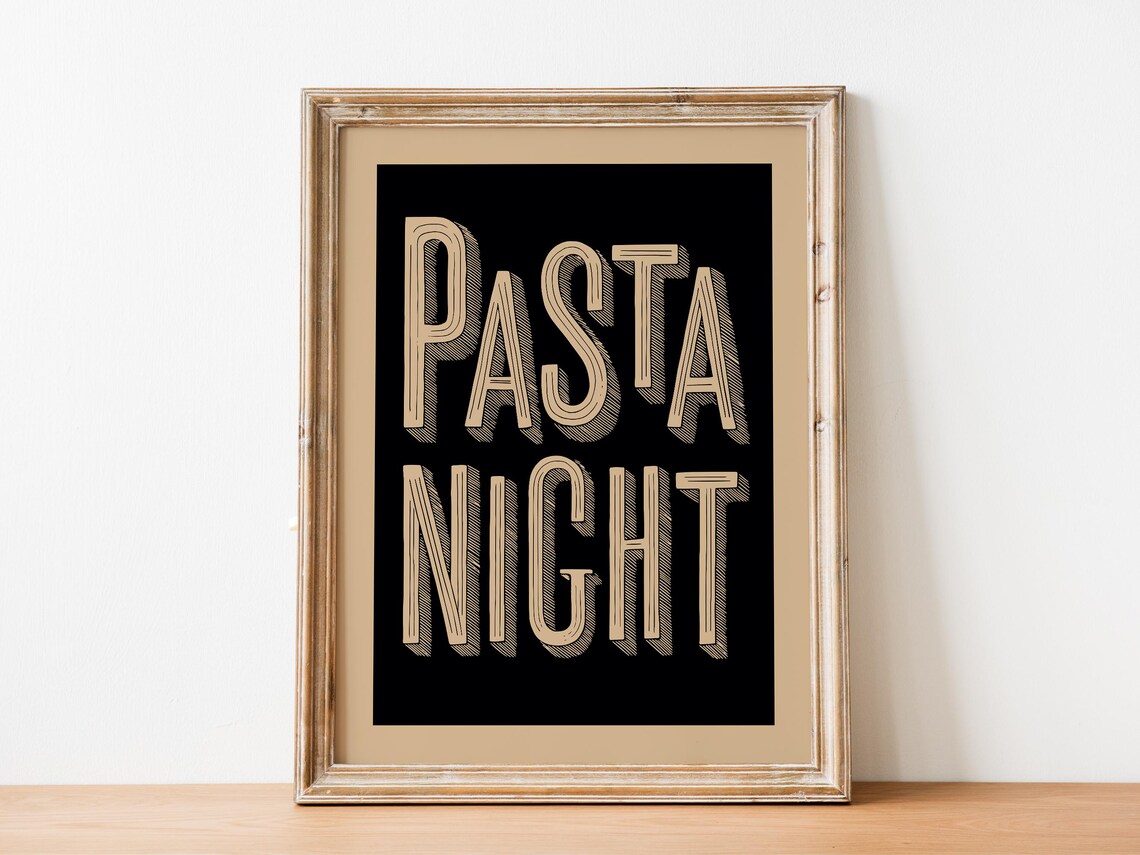 Pasta Night Beige Typography On Black Retro Kitchen Wall Decor Art Poster