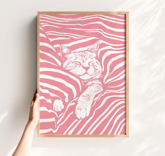 Cute Cat Sleeping Pink Whimsical Nursery Art Print