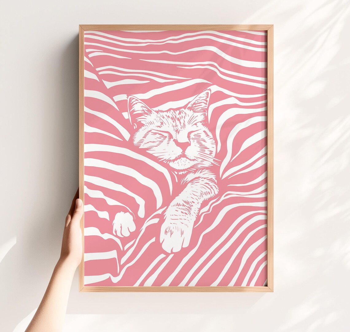 Cute Cat Sleeping Pink Whimsical Nursery Art Print