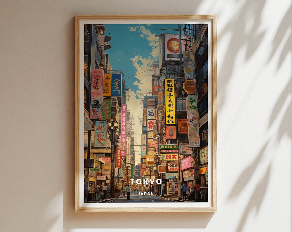 Tokyo Japan Neon Street Signs Busy Night Crowds Travel Poster