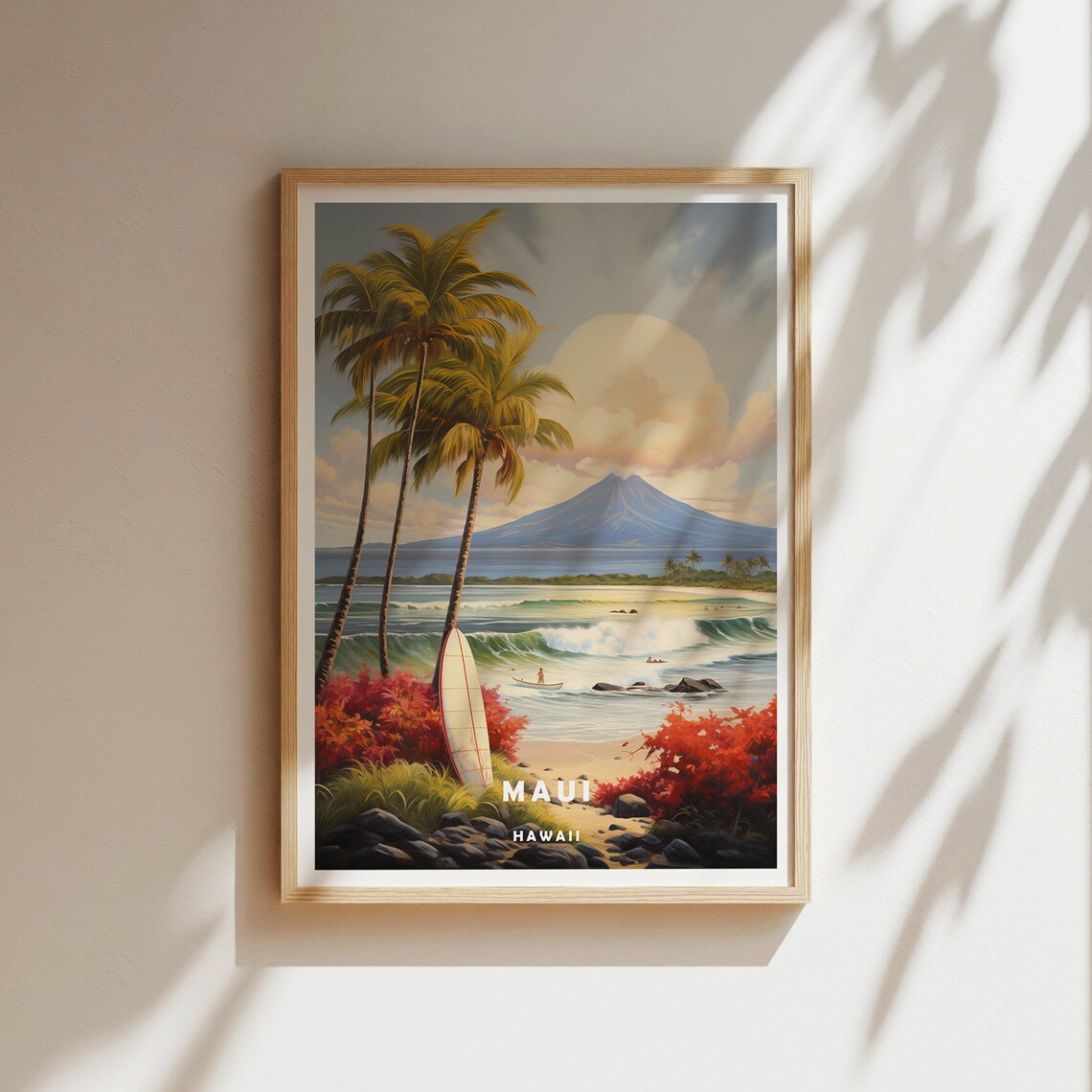 Maui Hawaii Surfboard Palm Shore Volcano Sunset Travel Poster