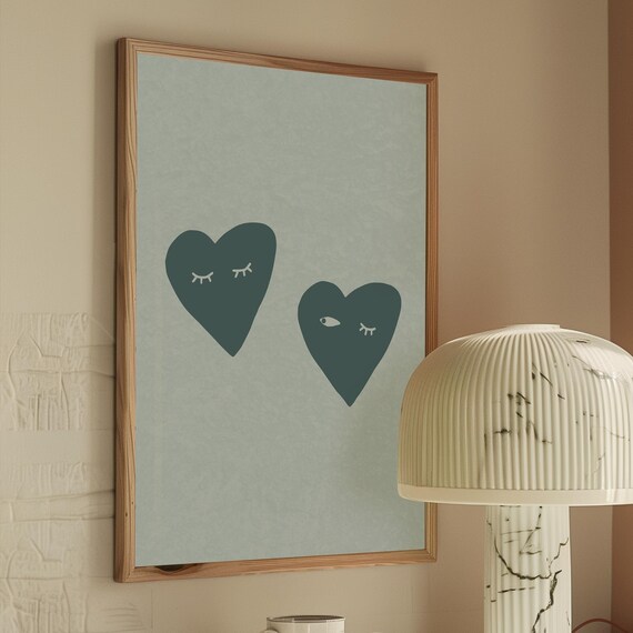 Retro Heart Print Modern Blue Decor Funky Wall Art Digital Download