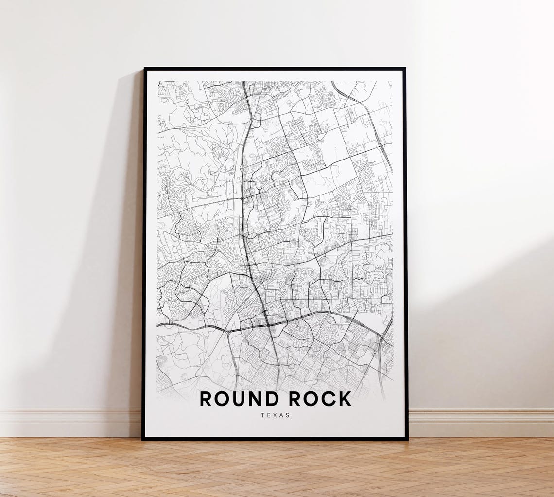 Round Rock Map Print Street Poster Texas Art Road Wall Office
