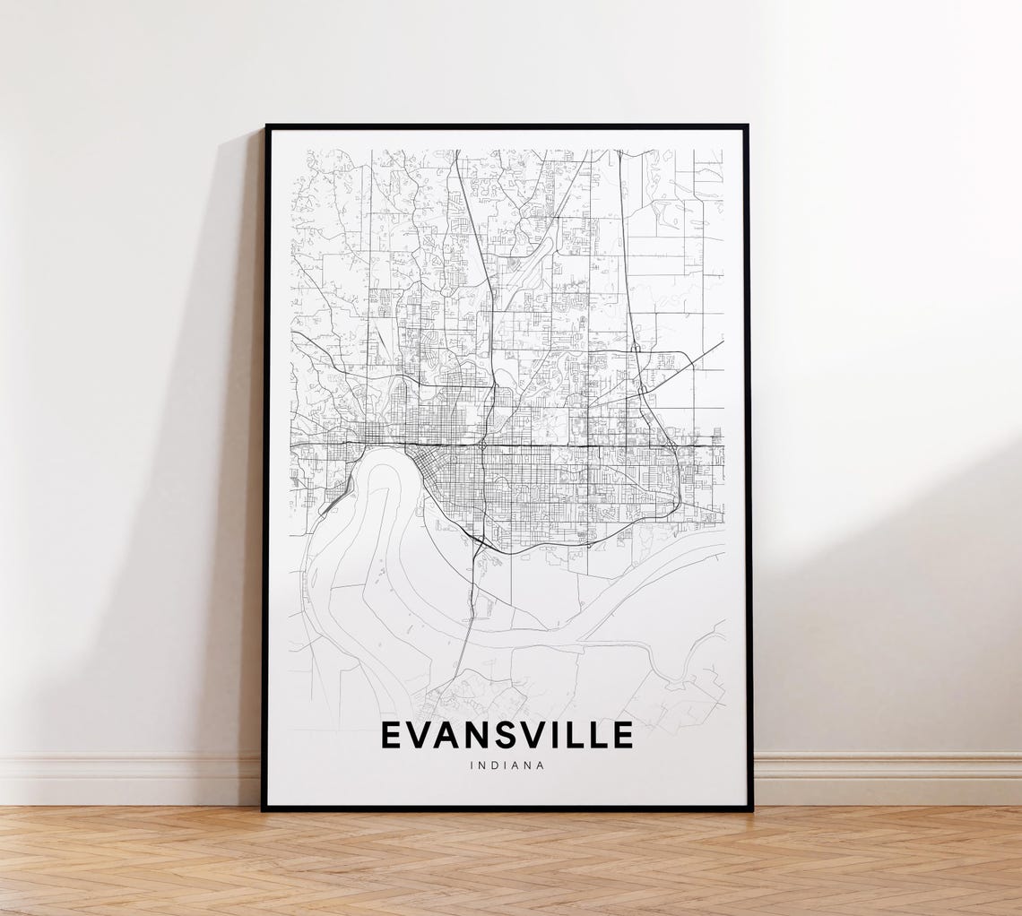 Evansville City Map Print Street Poster Indiana Art Road Wall Office Decor