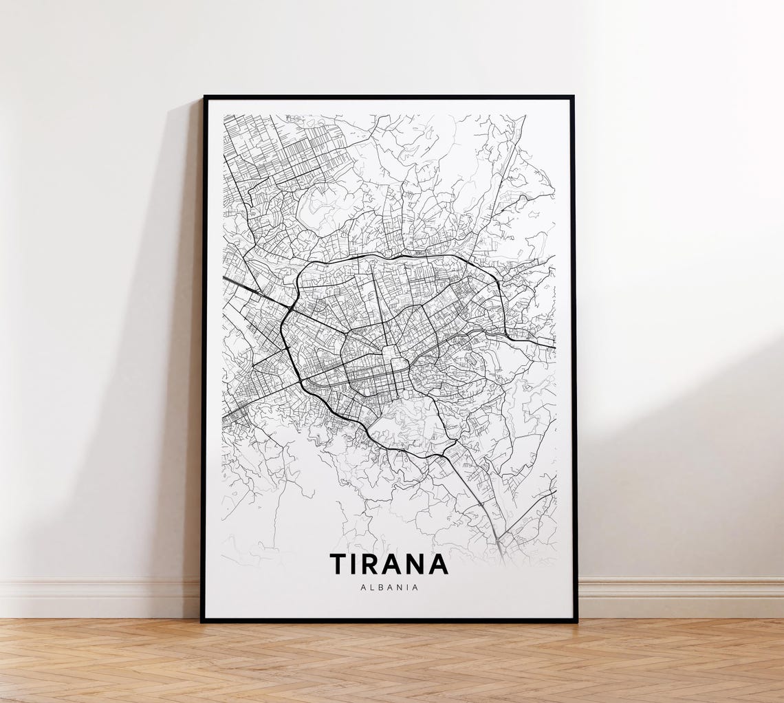 Tirana Albania City Street Map Black And White Modern Poster Art
