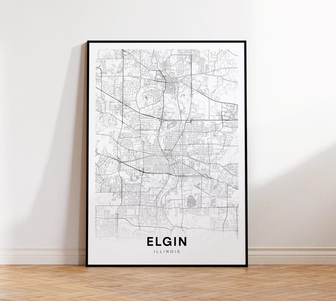 Elgin Illinois Street Map Minimalist Black White City Poster