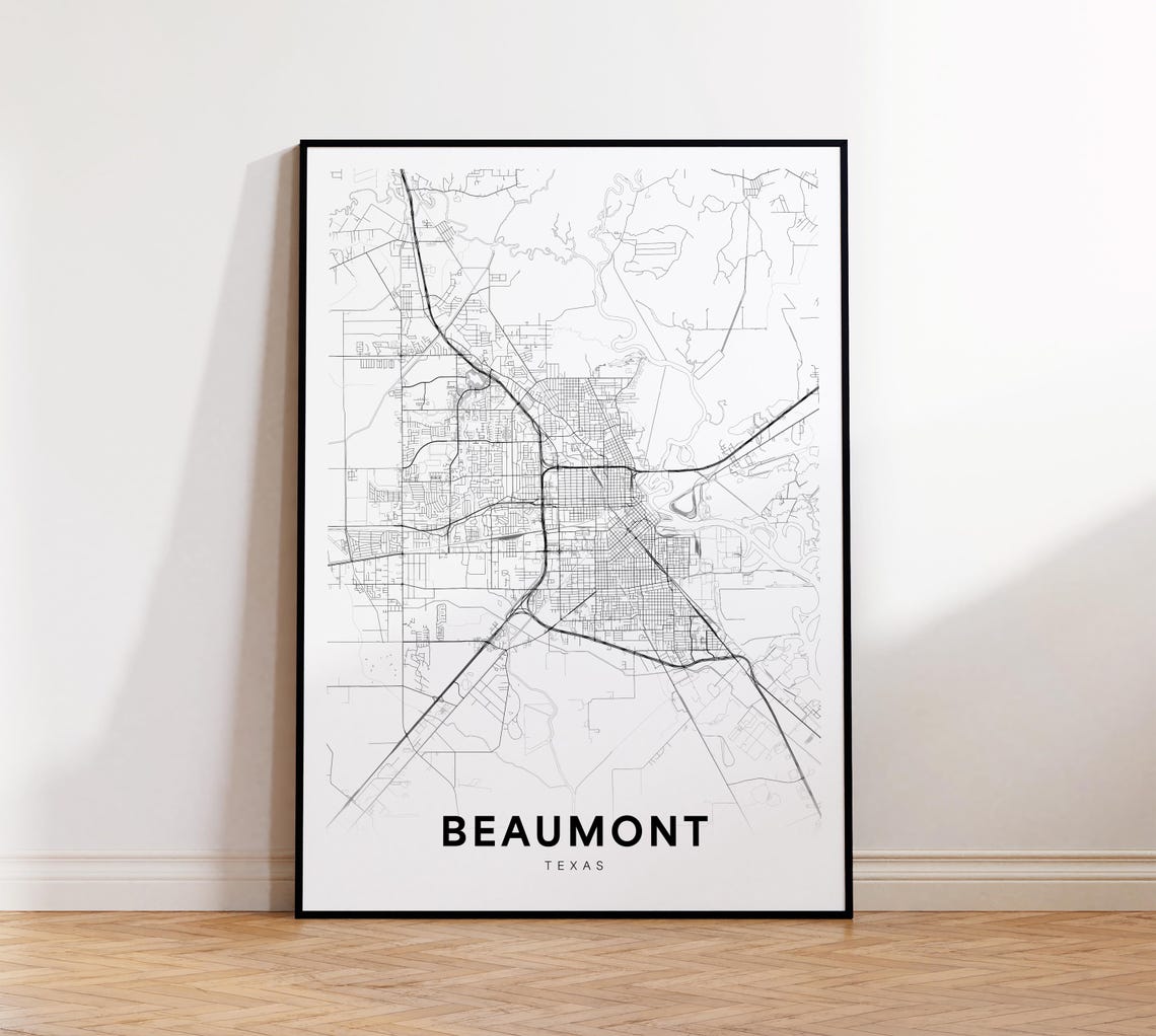 Beaumont City Map Print Street Poster Texas Art Road Wall Office