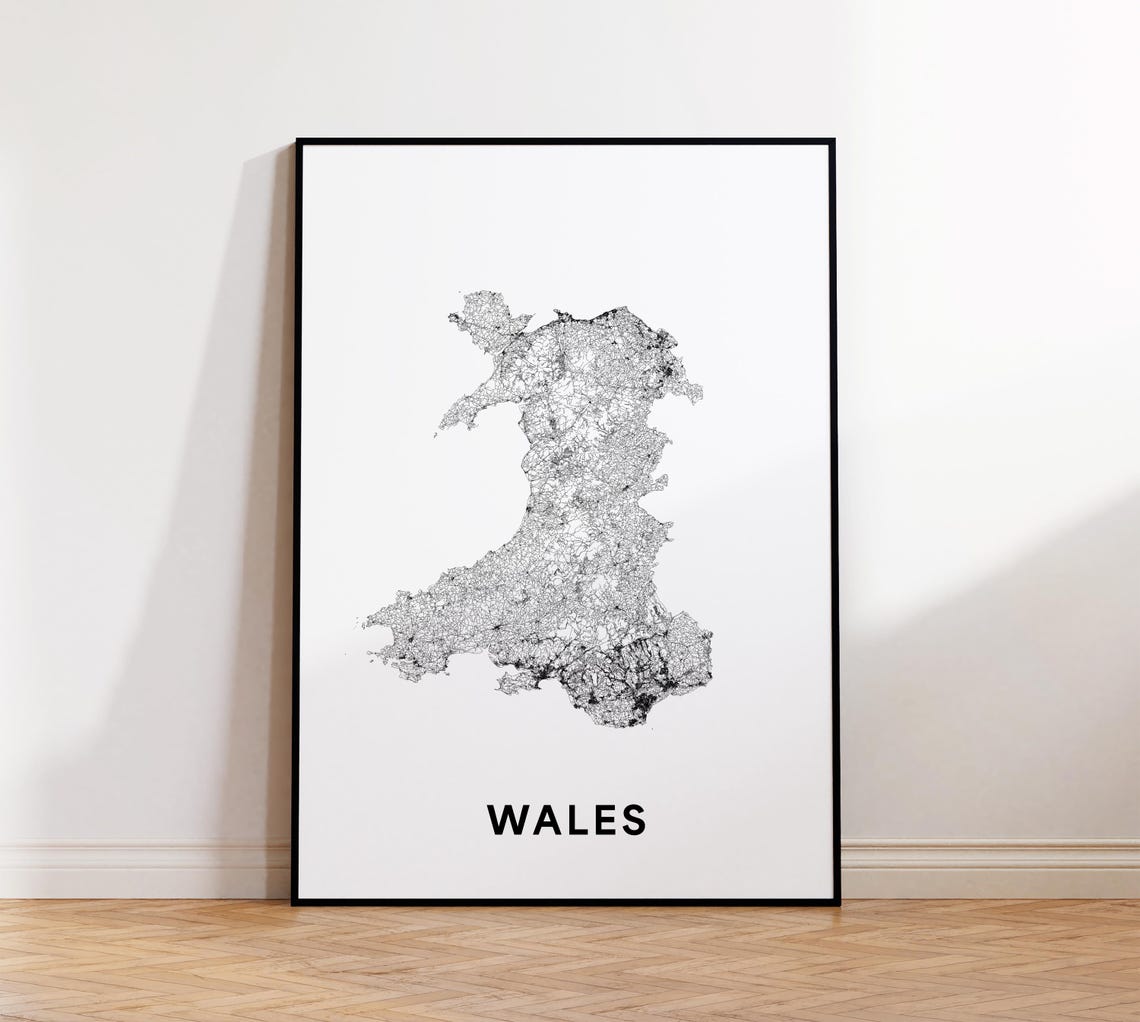 Wales Map Print Road Poster Country Black And White Wall Art Office Decor