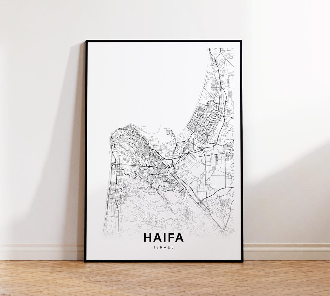 Haifa Israel Minimalist Street Map Black and White City Poster
