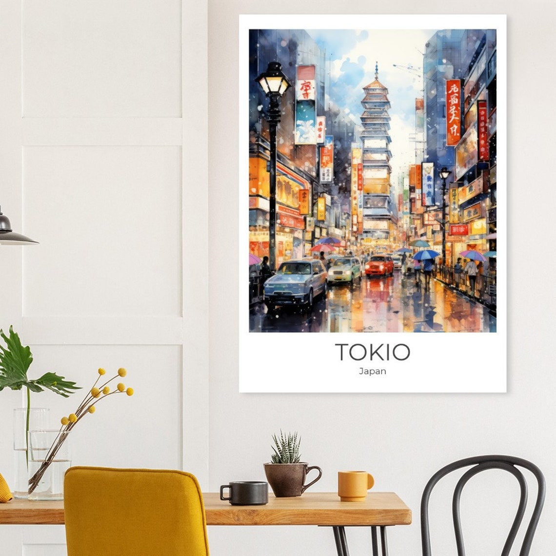 Tokio Japan Rainy Night Neon Street Pagoda Watercolor Poster - Image 3