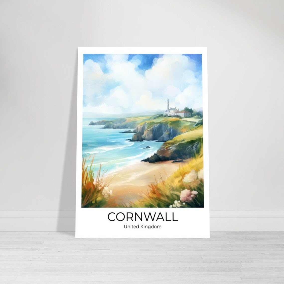 Cornwall United Kingdom Coastal Cliffs Lighthouse Beach Travel Poster