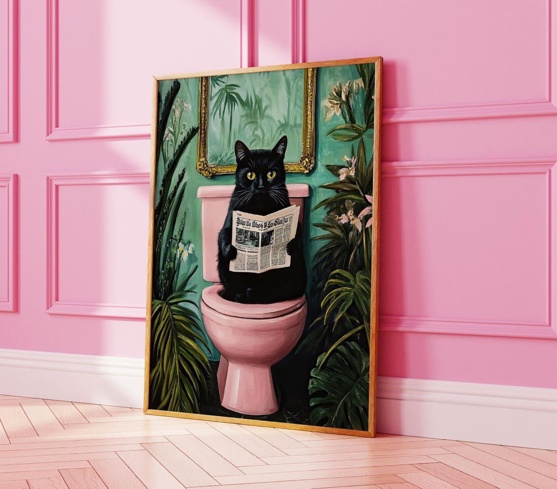 Black Cat Reading Newspaper on Pink Toilet Funny Bathroom Poster - Image 4