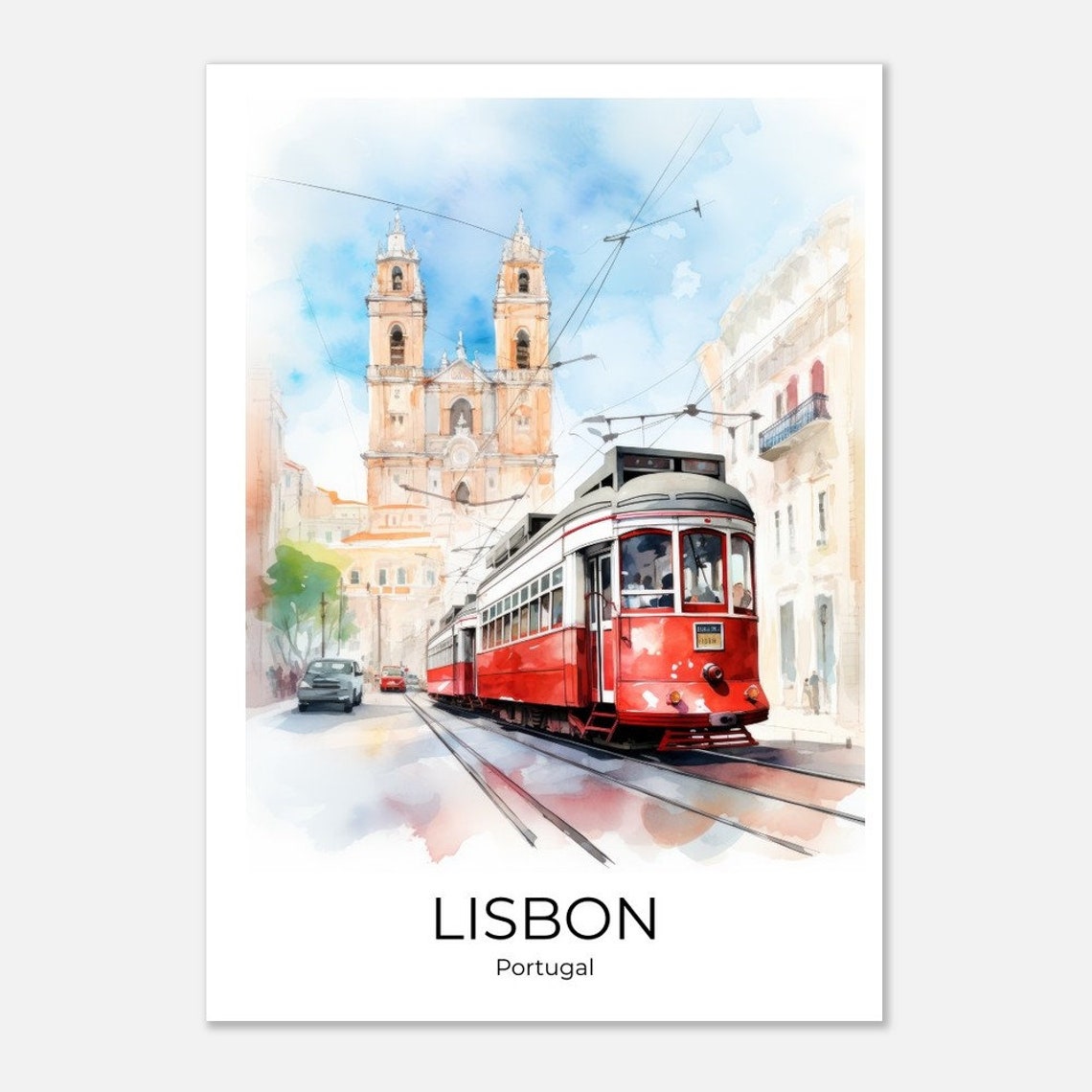Lisbon Red Tram Cathedral Street Watercolor Portugal Travel Poster - Image 4