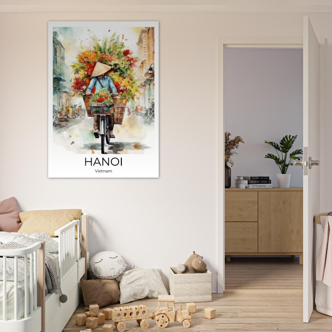 Hanoi Vietnam Flower Bike Vendor Watercolor Travel Art Poster - Image 3