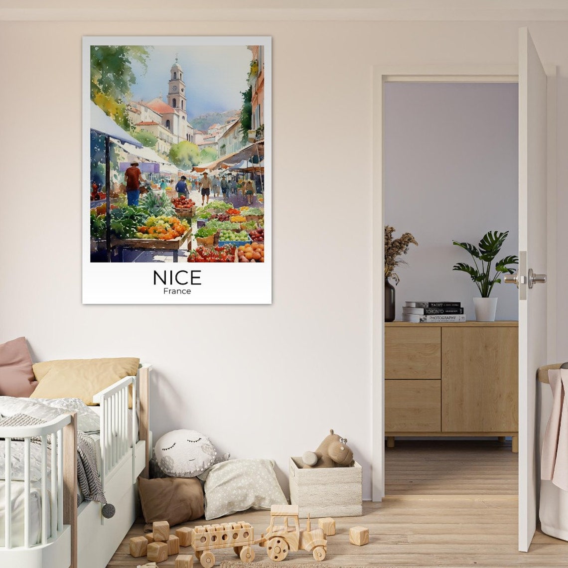 Nice France Watercolor Vegetable Market Beneath Bell Tower Poster - Image 2