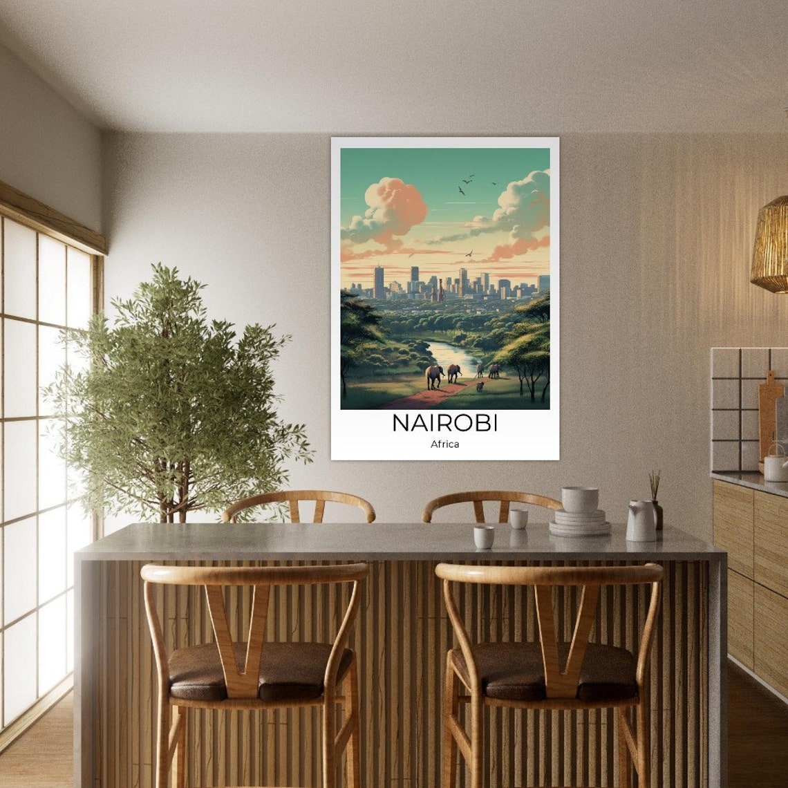 Nairobi Elephants with City Skyline Safari Africa Travel Poster - Image 2