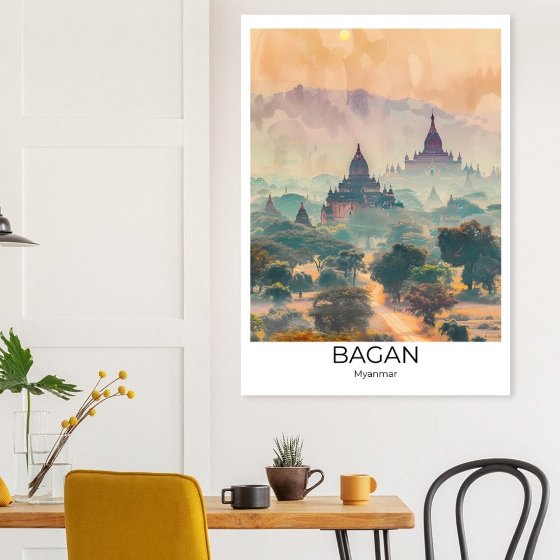 Bagan Myanmar Watercolor Temples Sunrise Golden Light Poster - Image 2